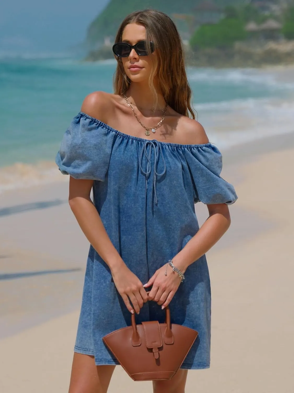 EXLURA Womens Summer Denim Short Puff Sleeve Dresses Knit Loose Plus Size Short Mini Dress 2025 Trendy Outfit