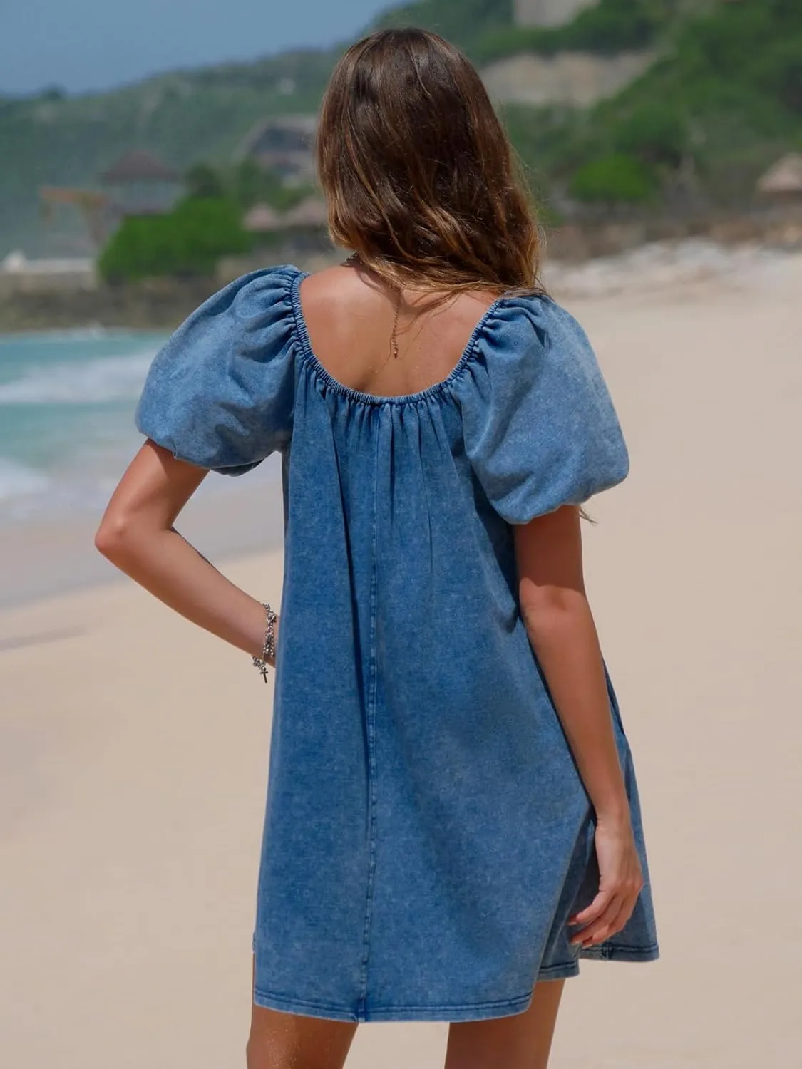 EXLURA Womens Summer Denim Short Puff Sleeve Dresses Knit Loose Plus Size Short Mini Dress 2025 Trendy Outfit