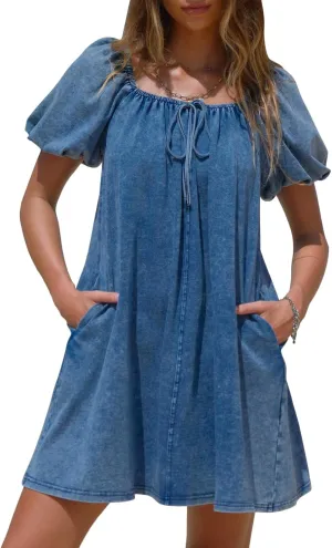 EXLURA Womens Summer Denim Short Puff Sleeve Dresses Knit Loose Plus Size Short Mini Dress 2025 Trendy Outfit