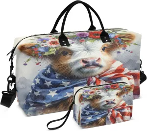 Exnundod Cute Highland Cow Patriotic Travel Duffel Bags for Women July 4th Usa Flag Sports Gym Bag Weekender Carry On Tote Overnight Luggage Duffle Bags