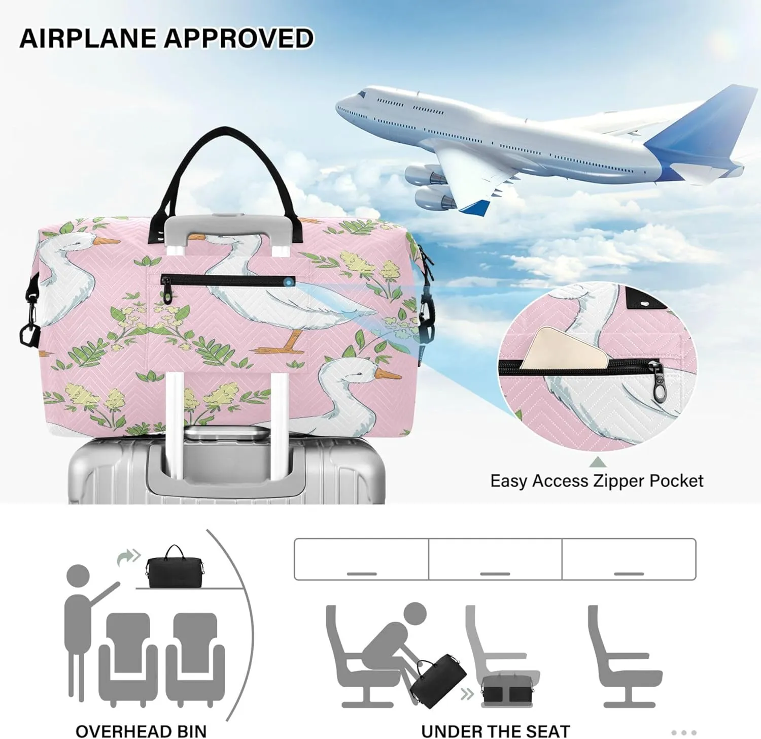 Exnundod Women Weekender Bags Cute Goose and Leaves Travel Duffel Bags Carry On Overnight Bag Large Hospital Tote Luggage