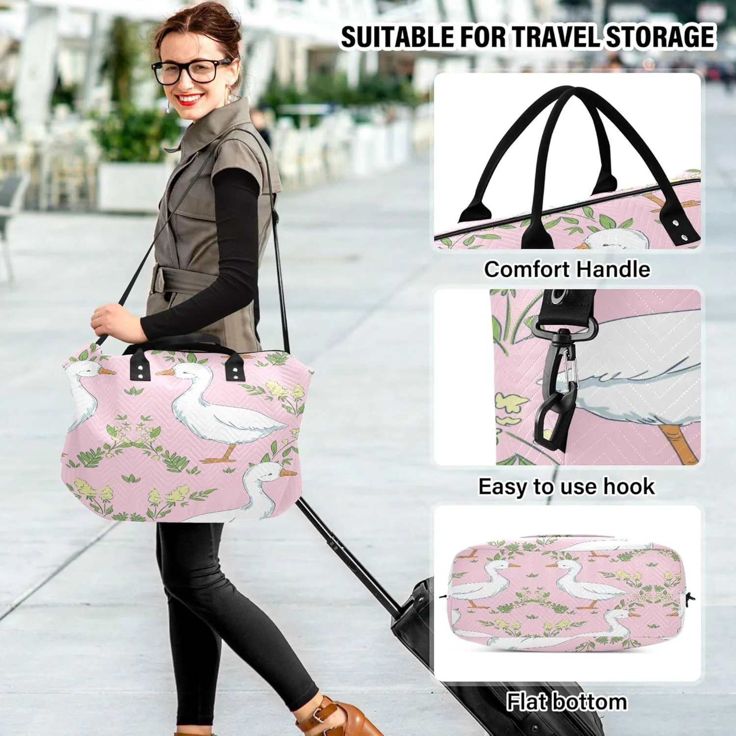 Exnundod Women Weekender Bags Cute Goose and Leaves Travel Duffel Bags Carry On Overnight Bag Large Hospital Tote Luggage
