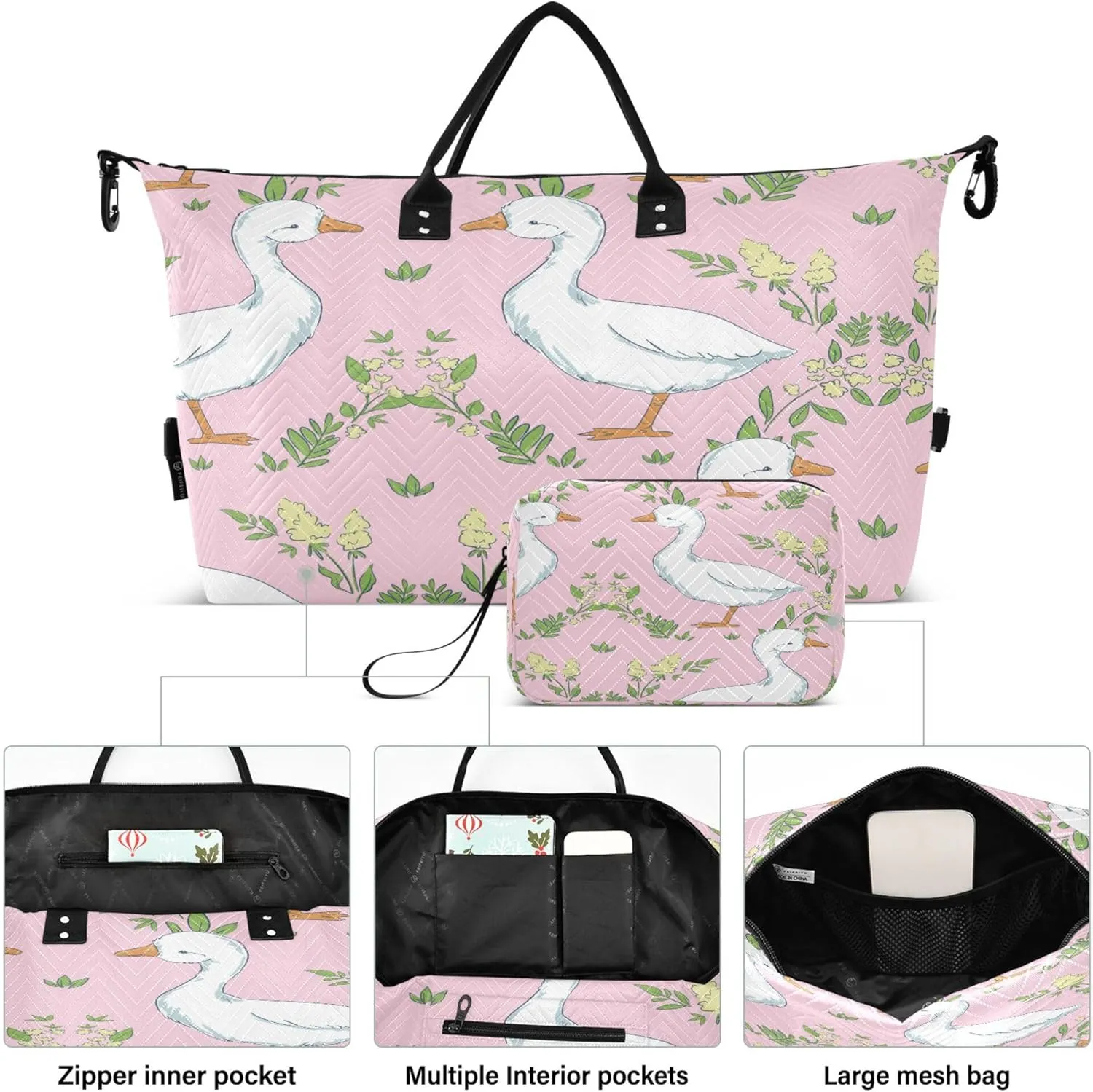 Exnundod Women Weekender Bags Cute Goose and Leaves Travel Duffel Bags Carry On Overnight Bag Large Hospital Tote Luggage