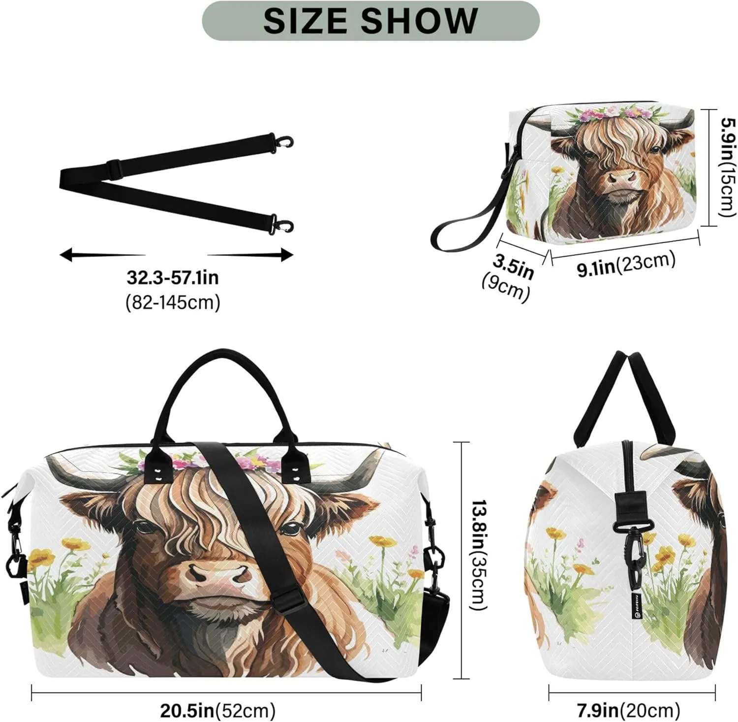 Exnundod Women Weekender Bags Highland Cow Flower Travel Duffel Bags Carry On Overnight Bag Watercolor Large Hospital Tote Luggage