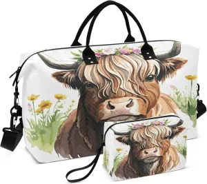 Exnundod Women Weekender Bags Highland Cow Flower Travel Duffel Bags Carry On Overnight Bag Watercolor Large Hospital Tote Luggage