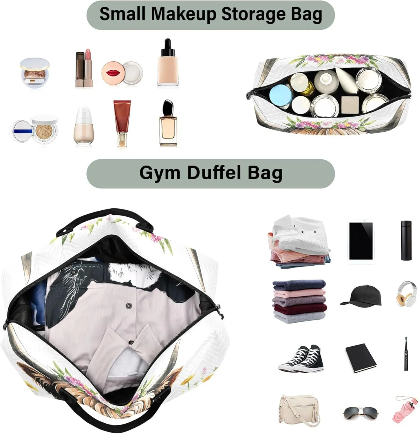 Exnundod Women Weekender Bags Highland Cow Flower Travel Duffel Bags Carry On Overnight Bag Watercolor Large Hospital Tote Luggage