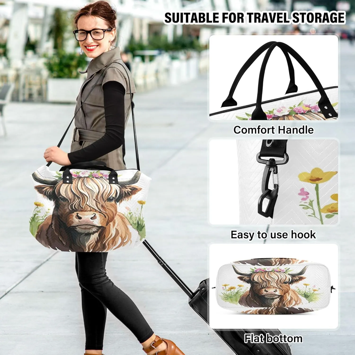 Exnundod Women Weekender Bags Highland Cow Flower Travel Duffel Bags Carry On Overnight Bag Watercolor Large Hospital Tote Luggage
