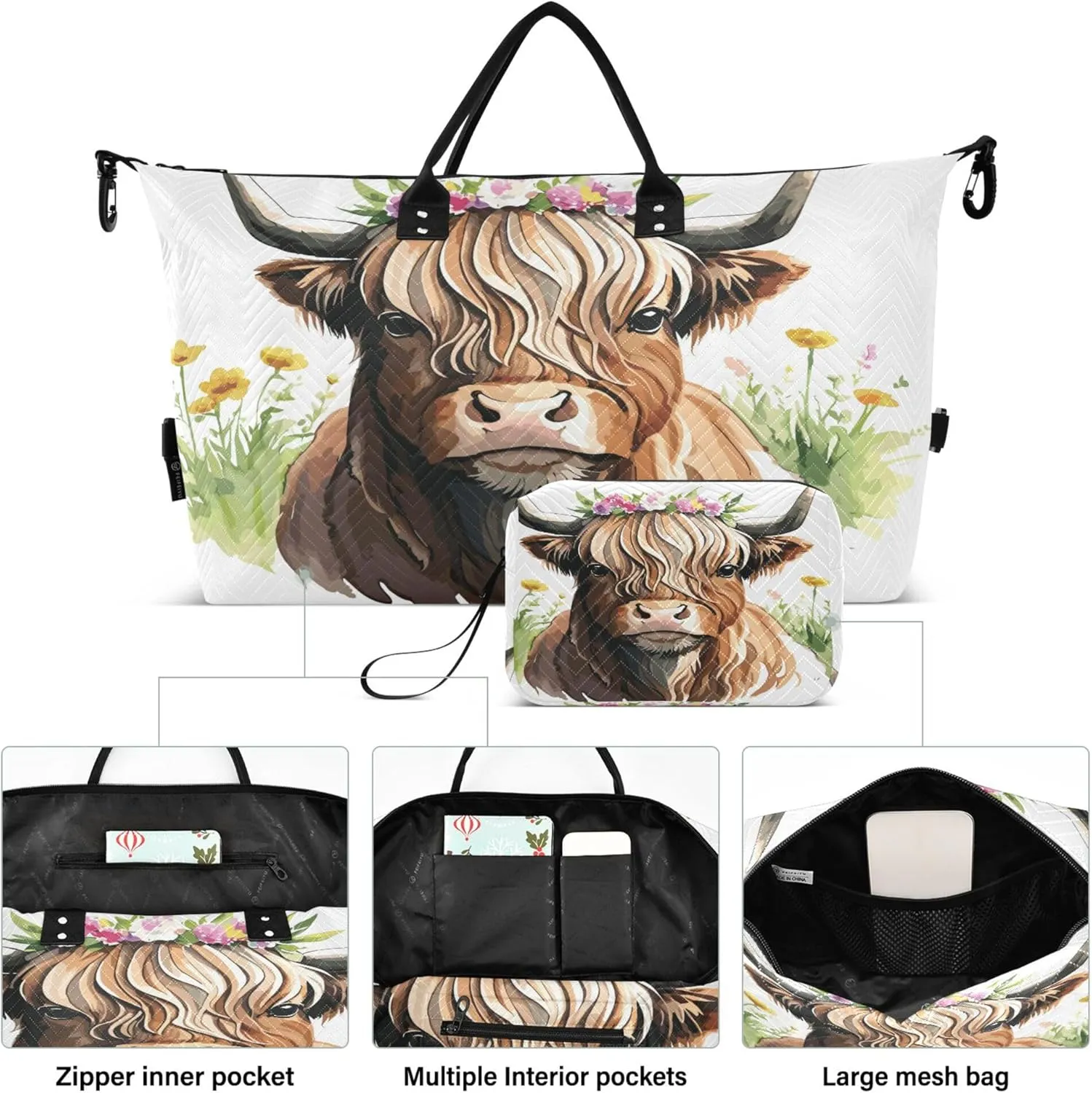 Exnundod Women Weekender Bags Highland Cow Flower Travel Duffel Bags Carry On Overnight Bag Watercolor Large Hospital Tote Luggage