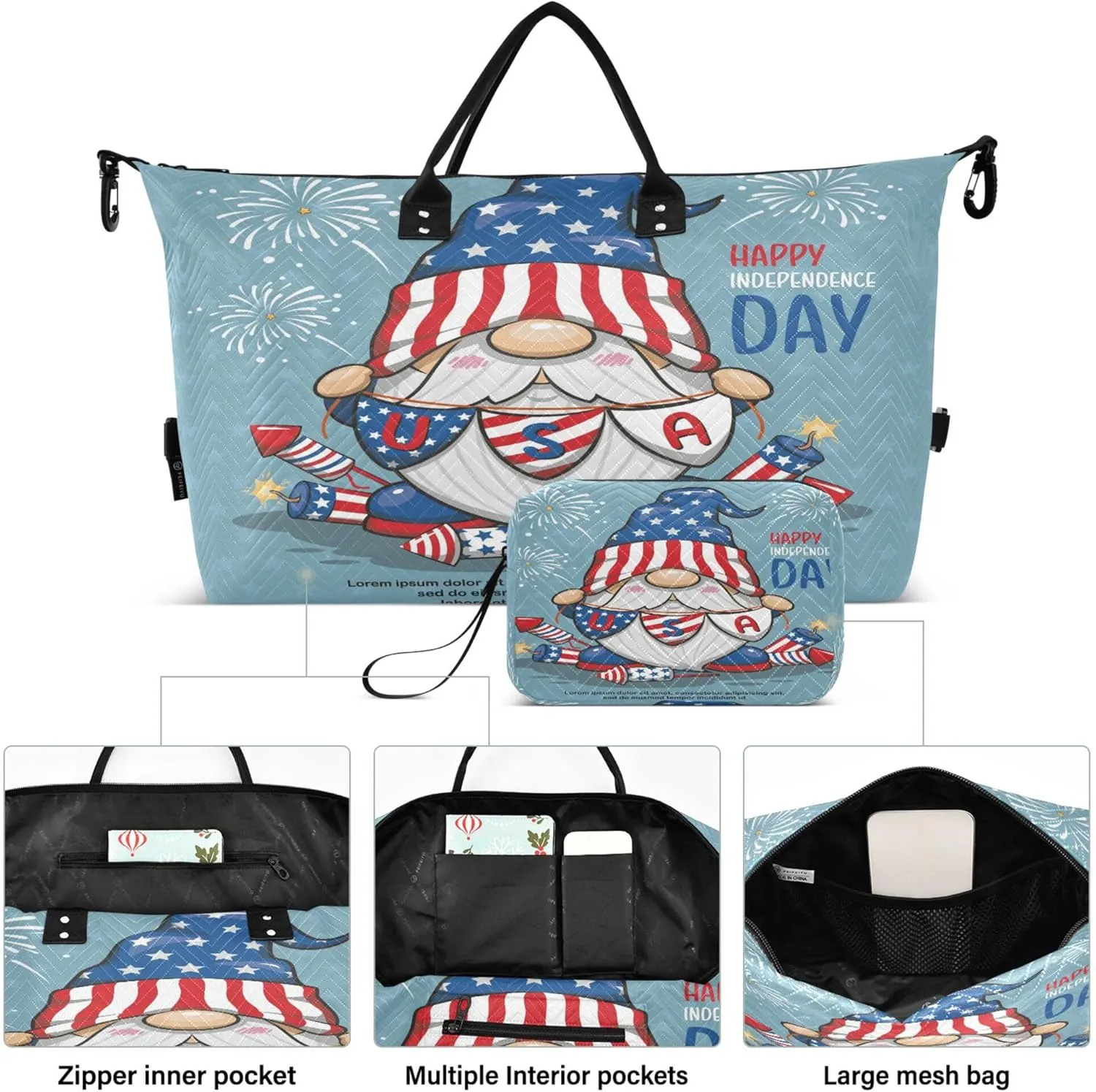 Exnundod Women Weekender Bags Patriotic Gnome with Fireworks Travel Duffel Bags Carry On Overnight Bag 4th July Large Hospital Tote Luggage