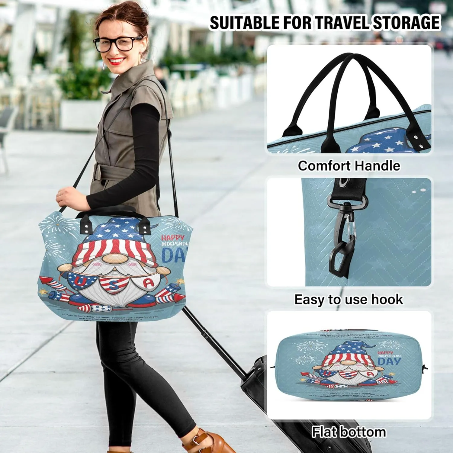 Exnundod Women Weekender Bags Patriotic Gnome with Fireworks Travel Duffel Bags Carry On Overnight Bag 4th July Large Hospital Tote Luggage