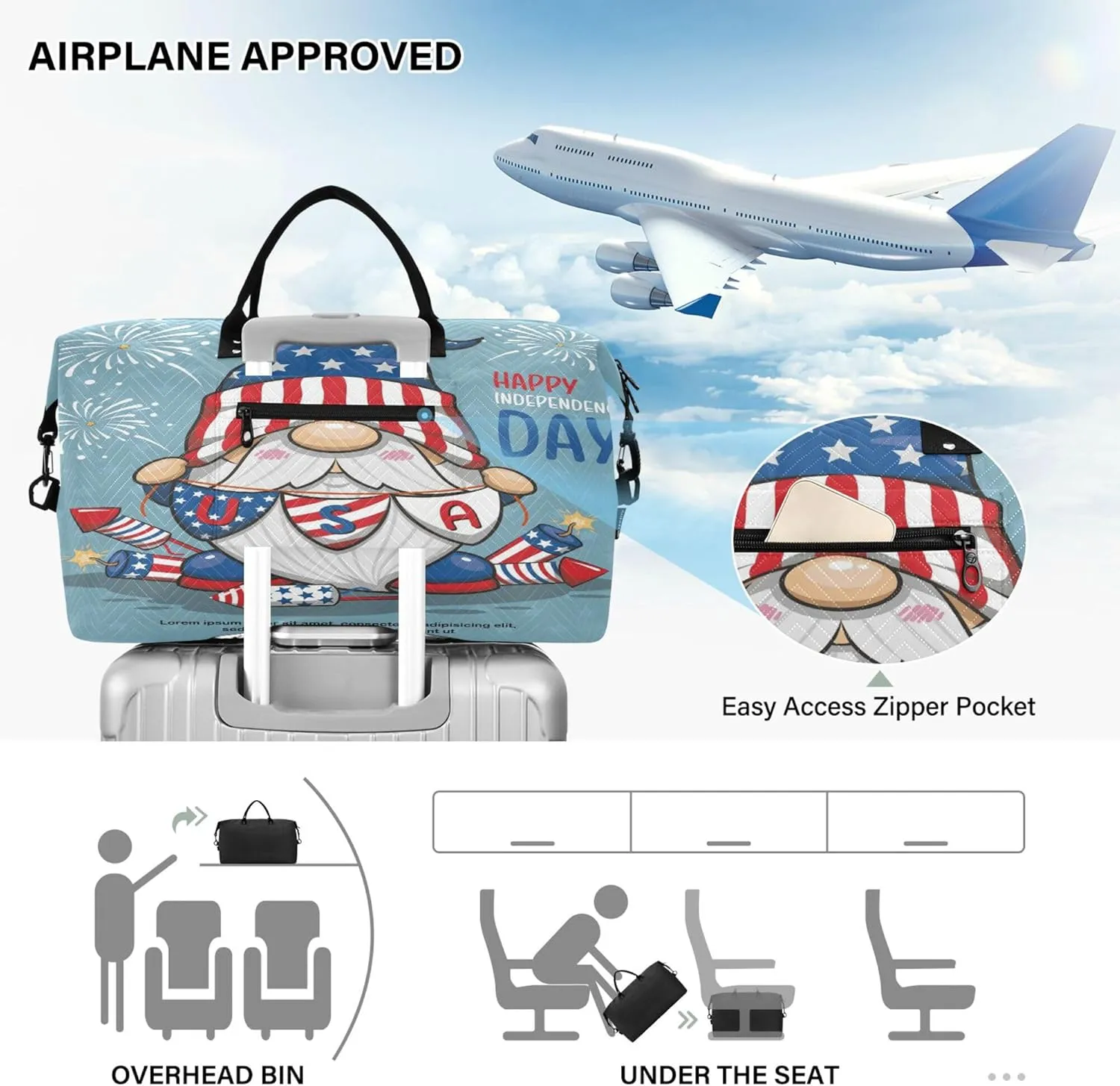 Exnundod Women Weekender Bags Patriotic Gnome with Fireworks Travel Duffel Bags Carry On Overnight Bag 4th July Large Hospital Tote Luggage