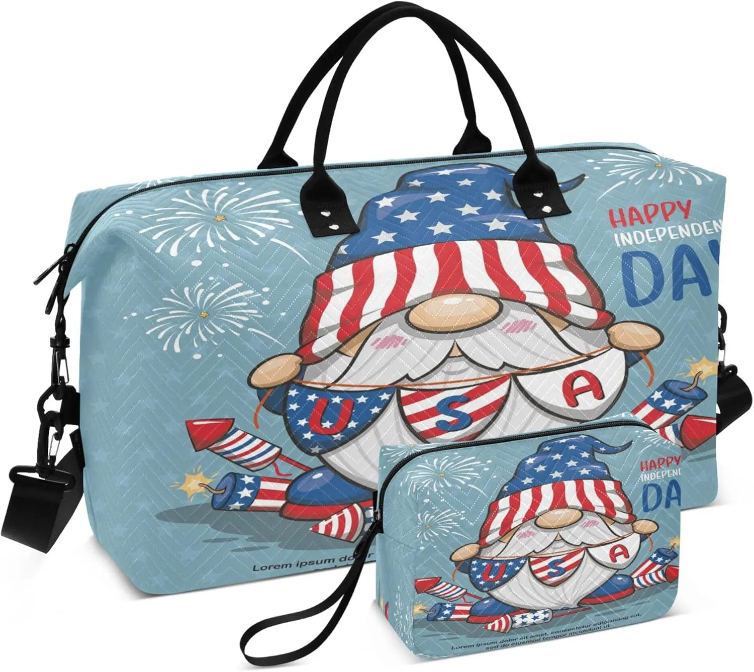 Exnundod Women Weekender Bags Patriotic Gnome with Fireworks Travel Duffel Bags Carry On Overnight Bag 4th July Large Hospital Tote Luggage