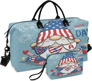 Exnundod Women Weekender Bags Patriotic Gnome with Fireworks Travel Duffel Bags Carry On Overnight Bag 4th July Large Hospital Tote Luggage