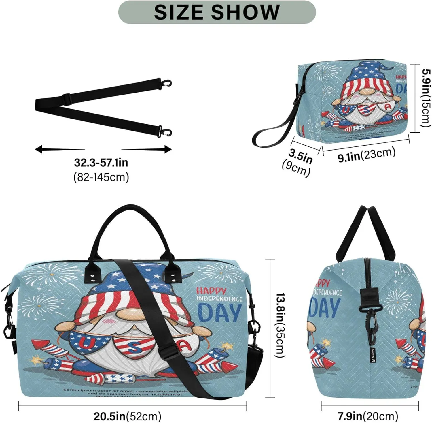 Exnundod Women Weekender Bags Patriotic Gnome with Fireworks Travel Duffel Bags Carry On Overnight Bag 4th July Large Hospital Tote Luggage
