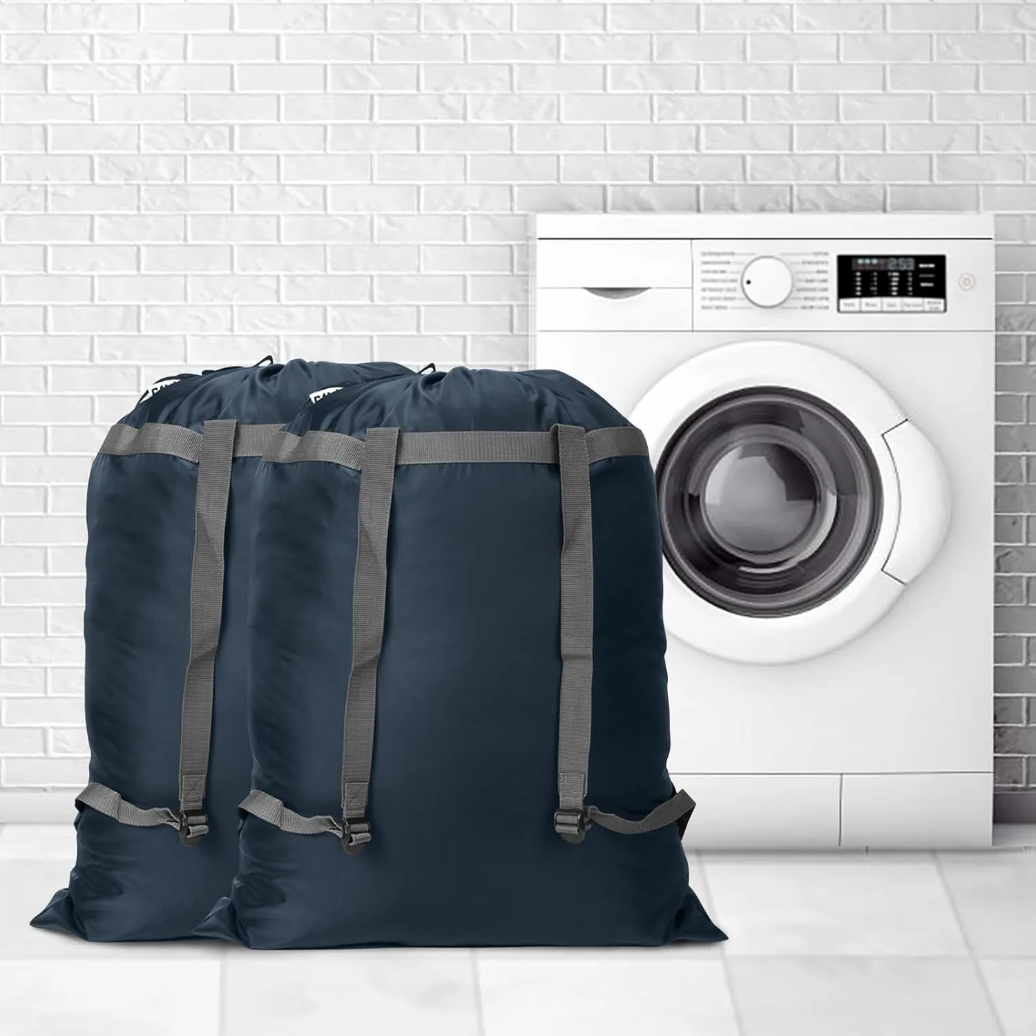 Extra Large Laundry Bag Backpack, 27” x 34”Sturdy Laundry Bag with Shoulder Straps Drawstring Closure Heavy Duty Foldable Backpack for College, Travel, Laundromat, Apartment (Navy | 2 Pack)
