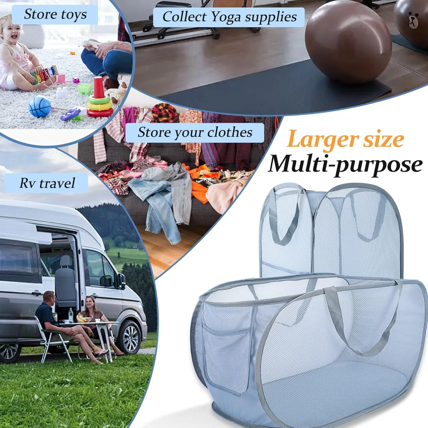 Extra Large Mesh Pop Up Laundry Hamper 2 Pack, 100L Foldable Laundry Baskets, Dirty Clothes Hamper with Pocket, Collapsible Hampers for Travel, Dorm or Home. Grey H V