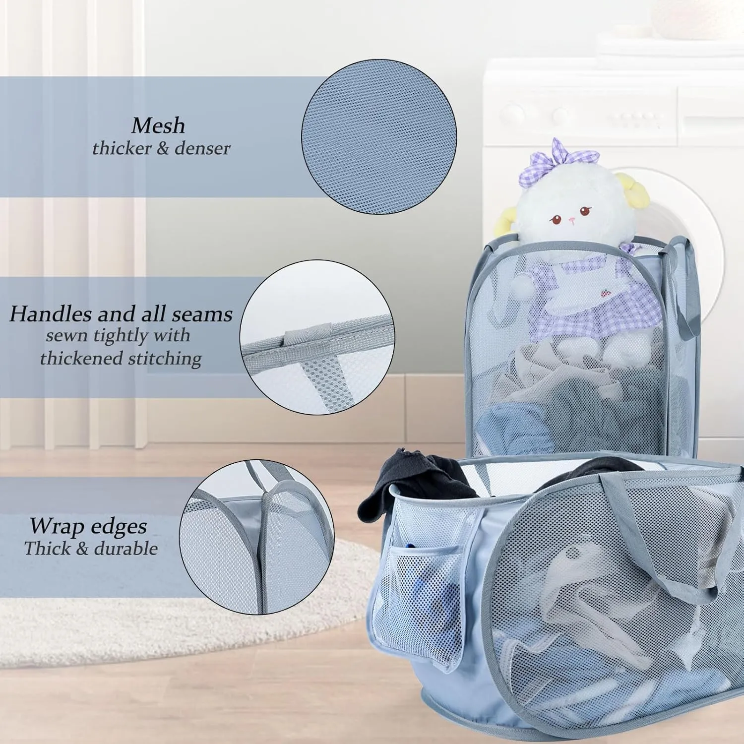 Extra Large Mesh Pop Up Laundry Hamper 2 Pack, 100L Foldable Laundry Baskets, Dirty Clothes Hamper with Pocket, Collapsible Hampers for Travel, Dorm or Home. Grey H V