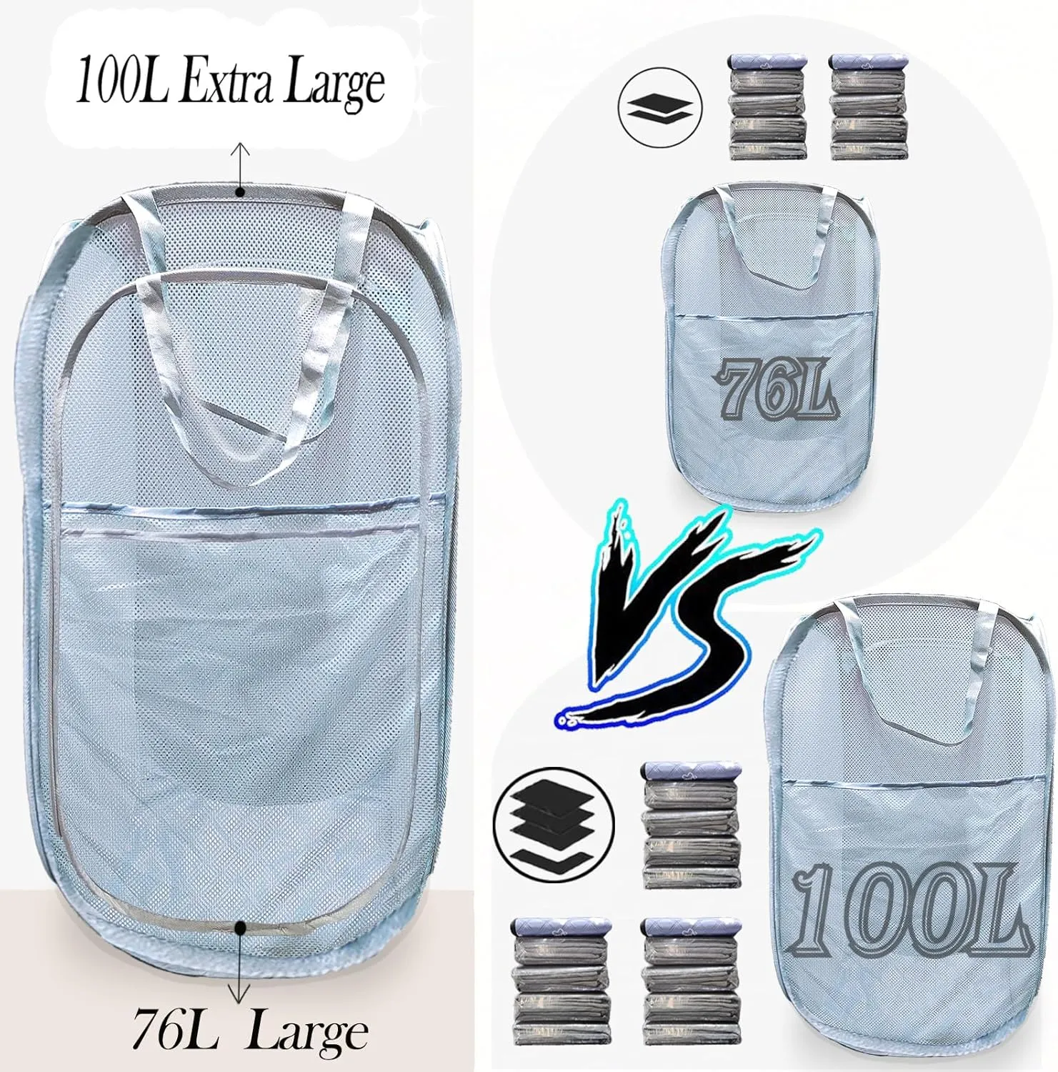 Extra Large Mesh Pop Up Laundry Hamper 2 Pack, 100L Foldable Laundry Baskets, Dirty Clothes Hamper with Pocket, Collapsible Hampers for Travel, Dorm or Home. Grey H V