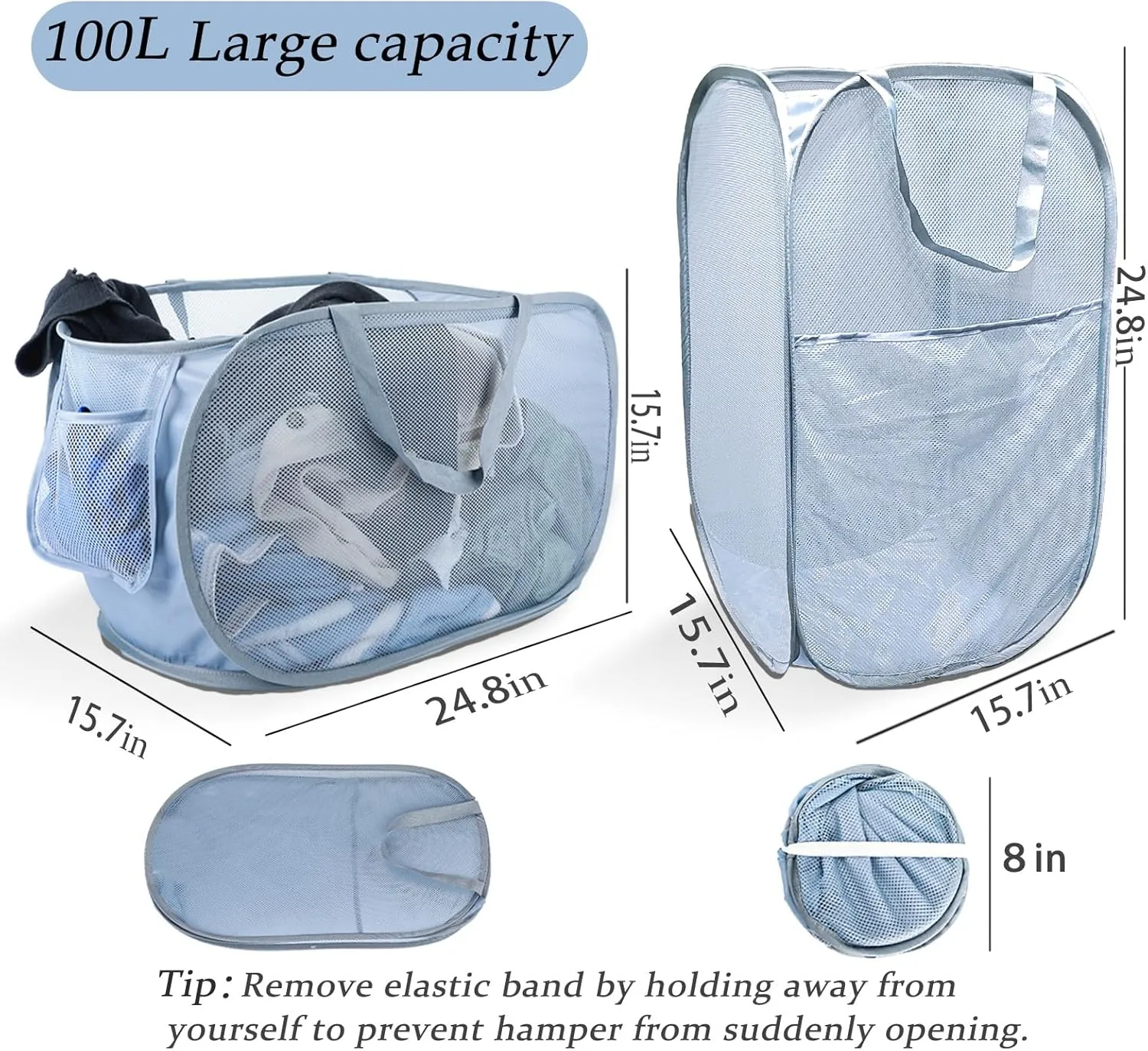 Extra Large Mesh Pop Up Laundry Hamper 2 Pack, 100L Foldable Laundry Baskets, Dirty Clothes Hamper with Pocket, Collapsible Hampers for Travel, Dorm or Home. Grey H V