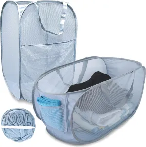 Extra Large Mesh Pop Up Laundry Hamper 2 Pack, 100L Foldable Laundry Baskets, Dirty Clothes Hamper with Pocket, Collapsible Hampers for Travel, Dorm or Home. Grey H V