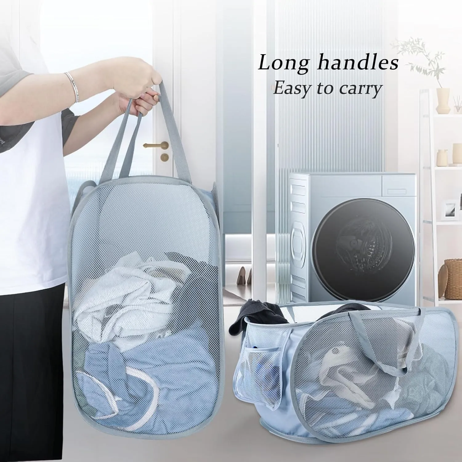 Extra Large Mesh Pop Up Laundry Hamper 2 Pack, 100L Foldable Laundry Baskets, Dirty Clothes Hamper with Pocket, Collapsible Hampers for Travel, Dorm or Home. Grey H V