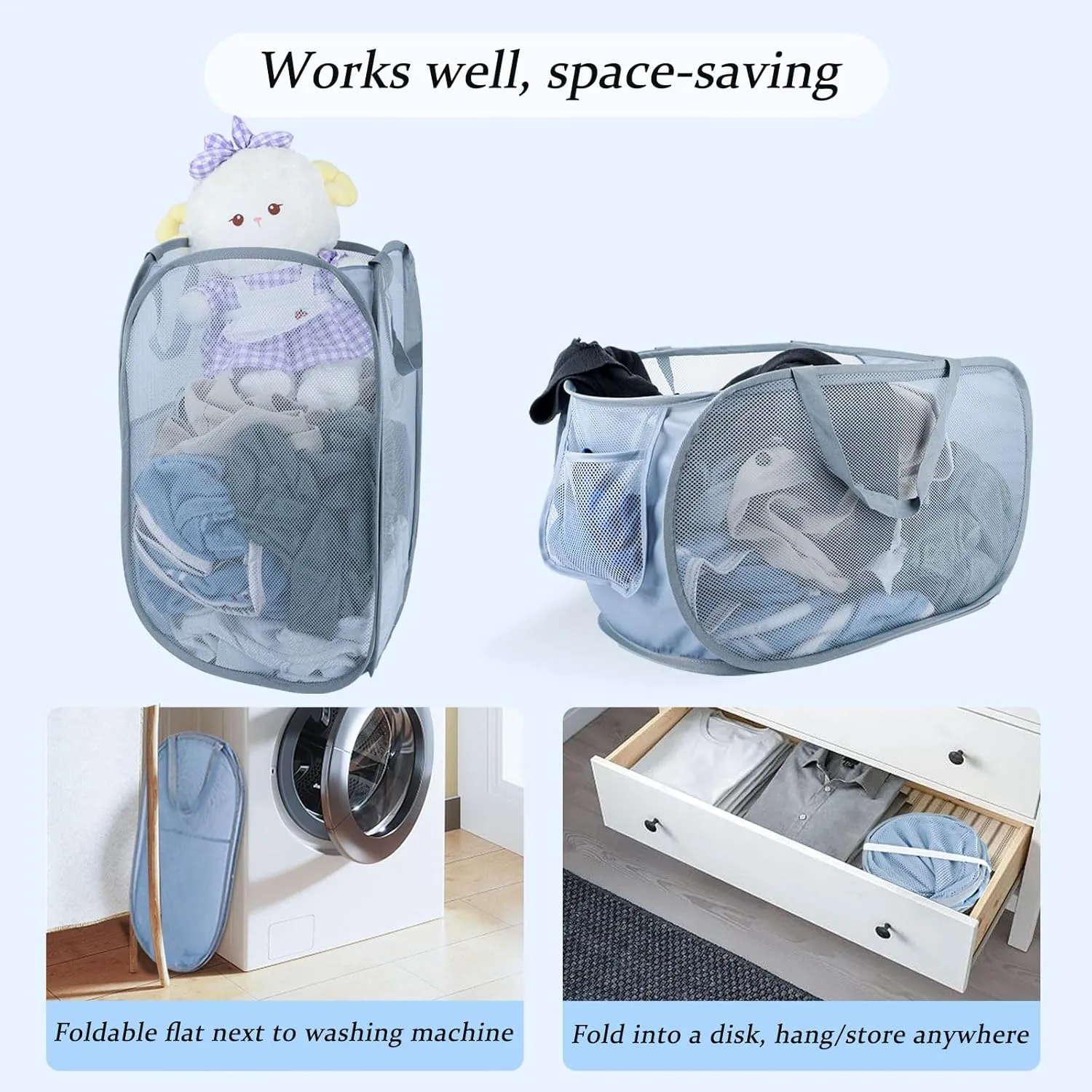 Extra Large Mesh Pop Up Laundry Hamper 2 Pack, 100L Foldable Laundry Baskets, Dirty Clothes Hamper with Pocket, Collapsible Hampers for Travel, Dorm or Home. Grey H V