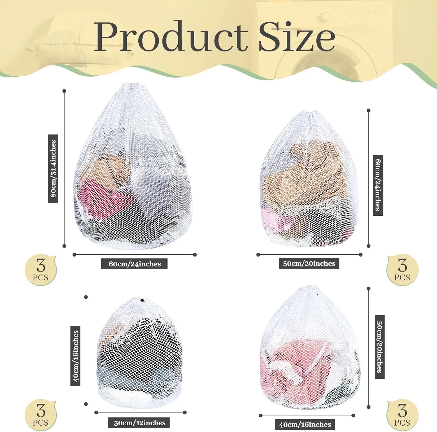 Fabbay 12 Pcs Mesh Laundry Bag with Drawstring White Heavy Duty Mesh Bag Machine Washable Sheet Drawstring Bag Net Wash Bag Laundry Washing Bag for Delicates College Dorm (Coarse Style)