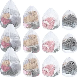 Fabbay 12 Pcs Mesh Laundry Bag with Drawstring White Heavy Duty Mesh Bag Machine Washable Sheet Drawstring Bag Net Wash Bag Laundry Washing Bag for Delicates College Dorm (Coarse Style)