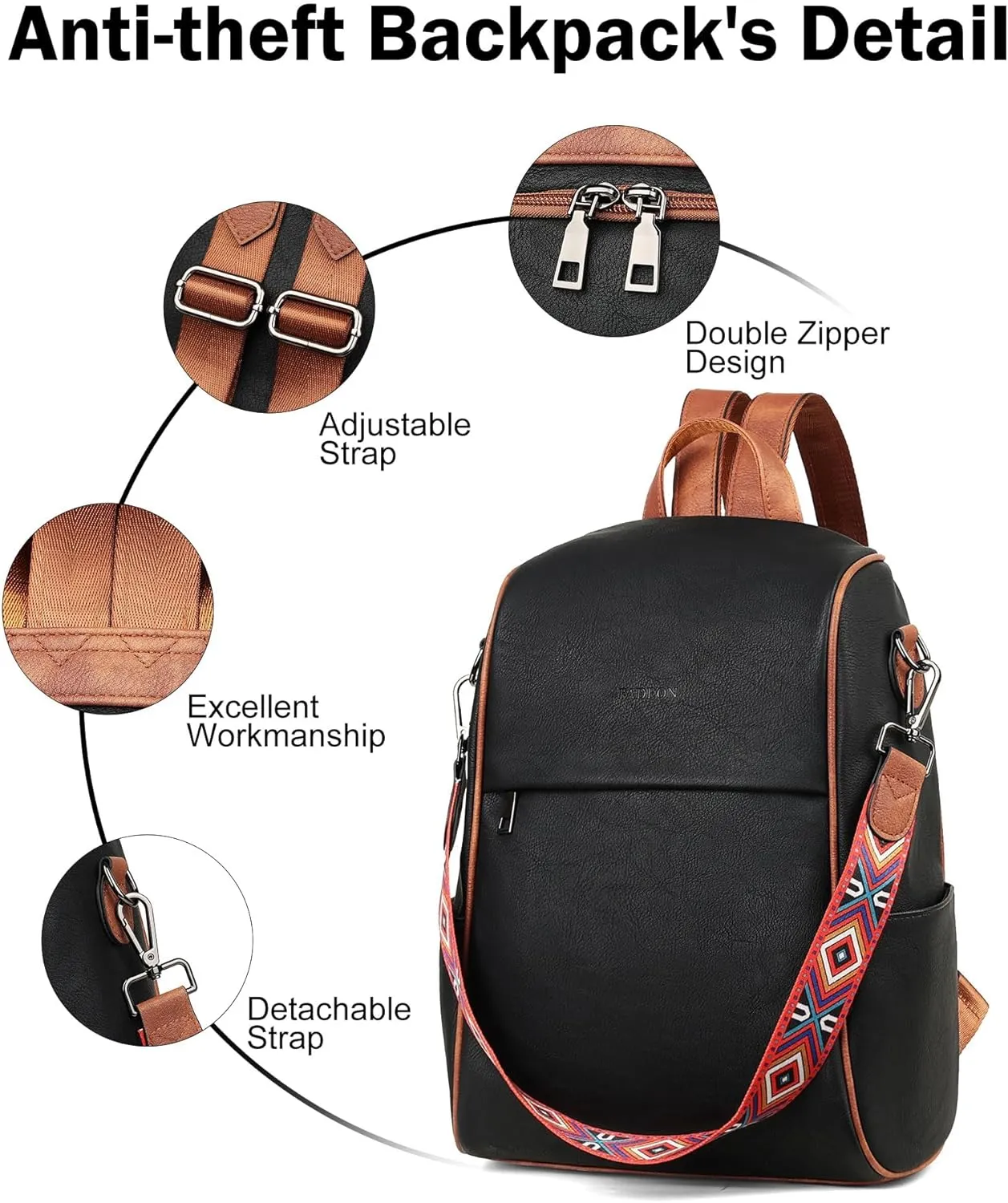 FADEON Anti Theft Backpack for Women Faux Leather Backpack Purse, Back Opening Small Backpack Fashion Work Bag Black Brown