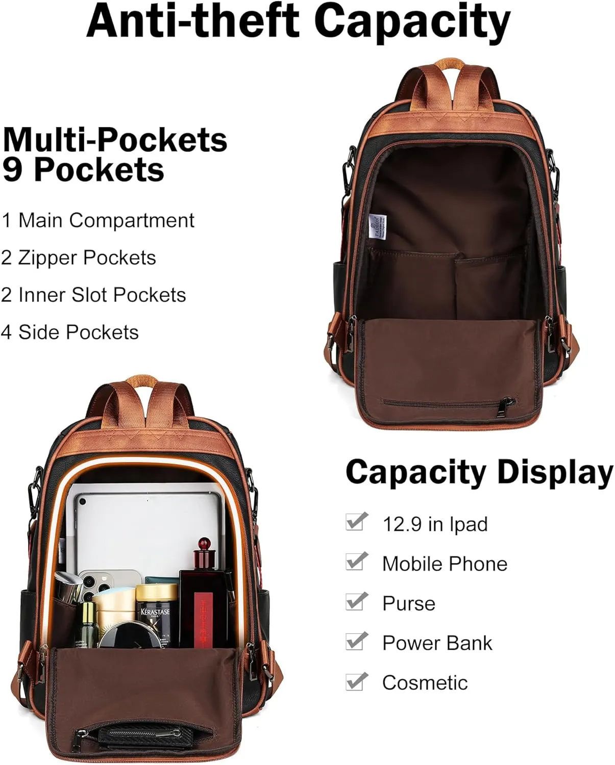 FADEON Anti Theft Backpack for Women Faux Leather Backpack Purse, Back Opening Small Backpack Fashion Work Bag Black Brown