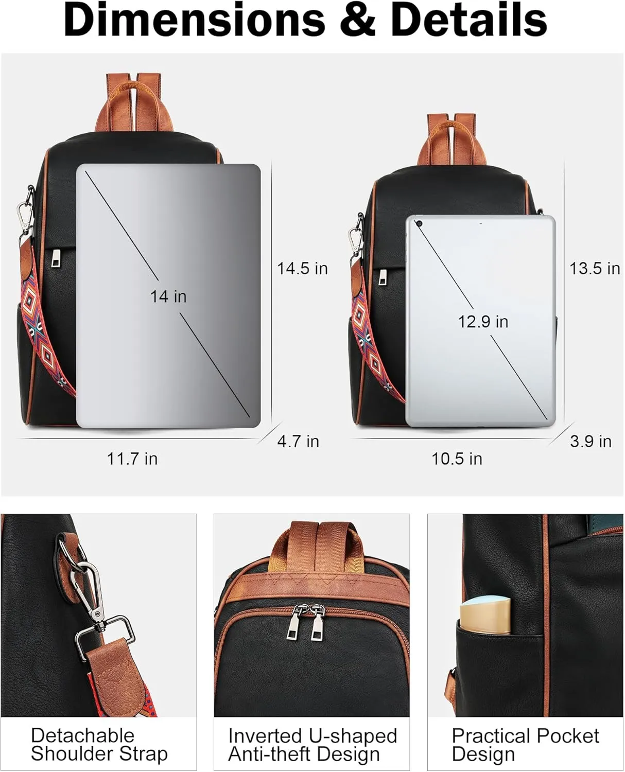 FADEON Anti Theft Backpack for Women Faux Leather Backpack Purse, Back Opening Small Backpack Fashion Work Bag Black Brown