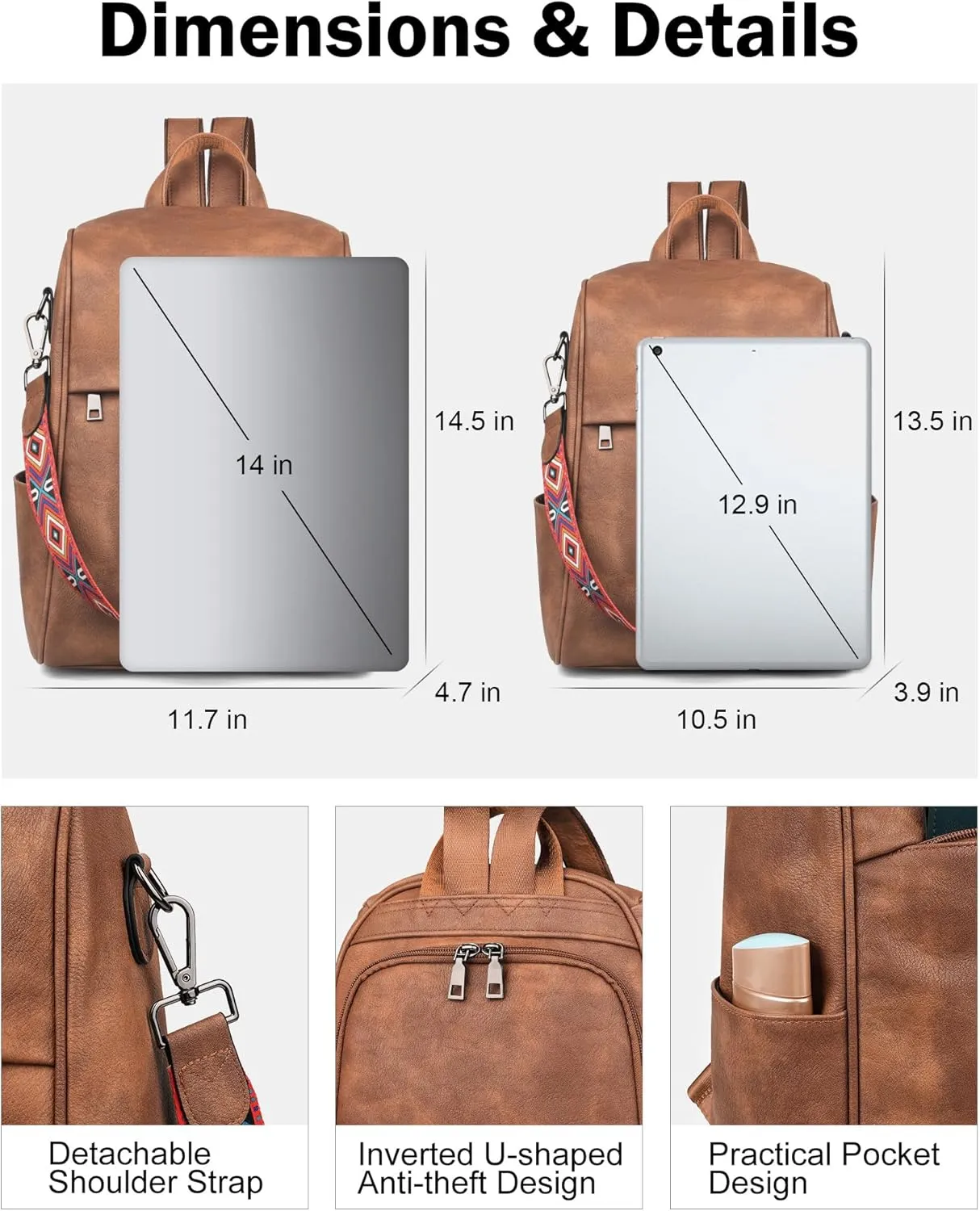 FADEON Anti Theft Backpack for Women Faux Leather Backpack Purse, Back Opening Small Backpack Fashion Work Bag Brown