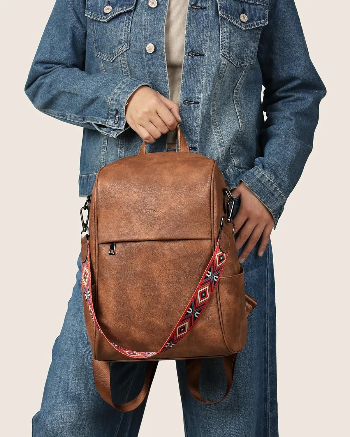 FADEON Anti Theft Backpack for Women Faux Leather Backpack Purse, Back Opening Small Backpack Fashion Work Bag Brown