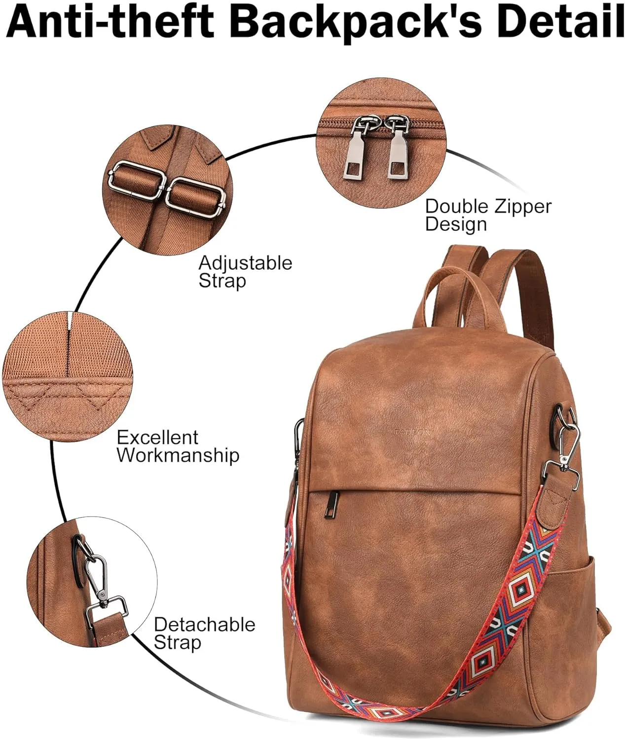 FADEON Anti Theft Backpack for Women Faux Leather Backpack Purse, Back Opening Small Backpack Fashion Work Bag Brown