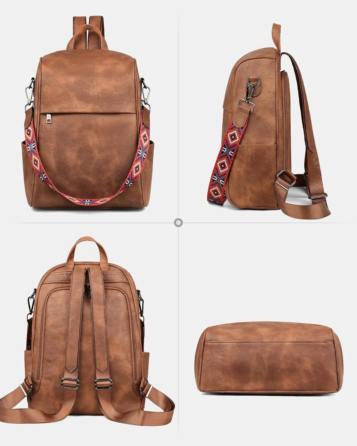 FADEON Anti Theft Backpack for Women Faux Leather Backpack Purse, Back Opening Small Backpack Fashion Work Bag Brown