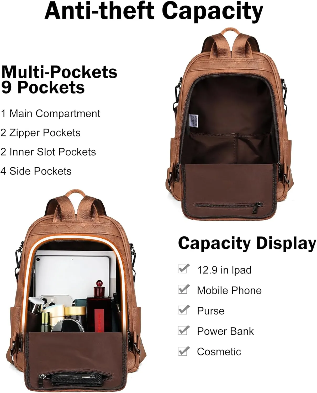 FADEON Anti Theft Backpack for Women Faux Leather Backpack Purse, Back Opening Small Backpack Fashion Work Bag Brown
