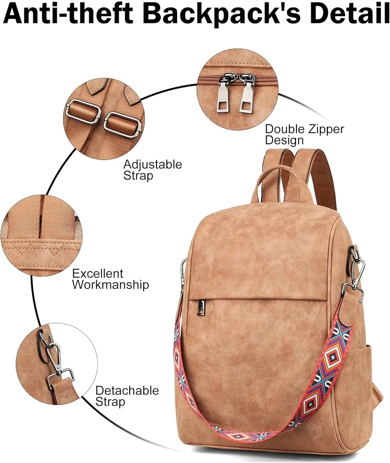 FADEON Anti Theft Backpack for Women Faux Leather Backpack Purse, Back Opening Small Backpack Fashion Work Bag Suede Brown
