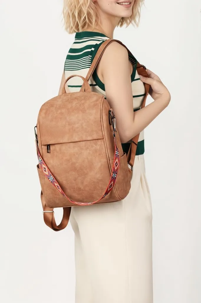 FADEON Anti Theft Backpack for Women Faux Leather Backpack Purse, Back Opening Small Backpack Fashion Work Bag Suede Brown