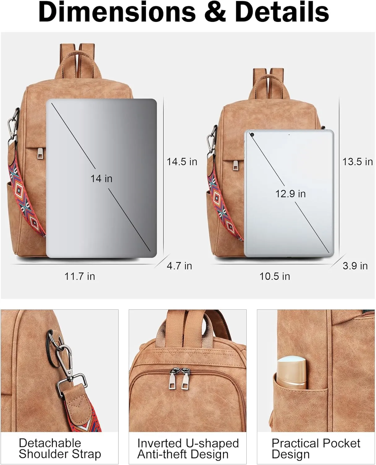 FADEON Anti Theft Backpack for Women Faux Leather Backpack Purse, Back Opening Small Backpack Fashion Work Bag Suede Brown