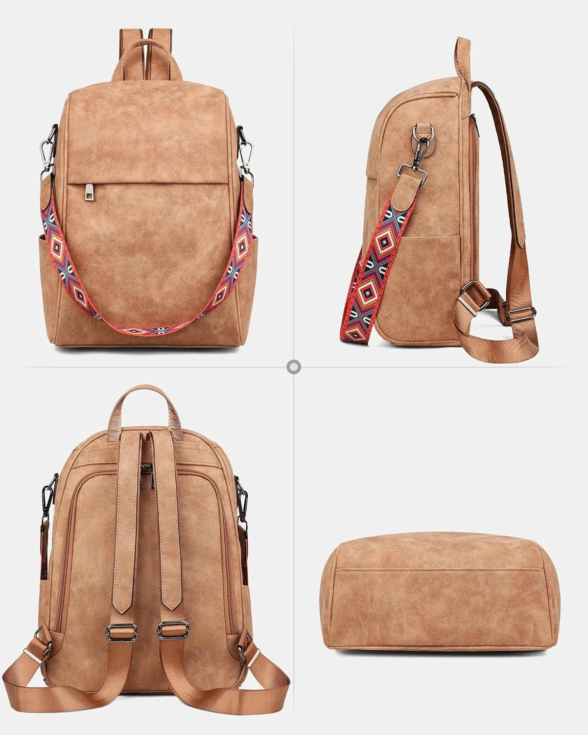 FADEON Anti Theft Backpack for Women Faux Leather Backpack Purse, Back Opening Small Backpack Fashion Work Bag Suede Brown