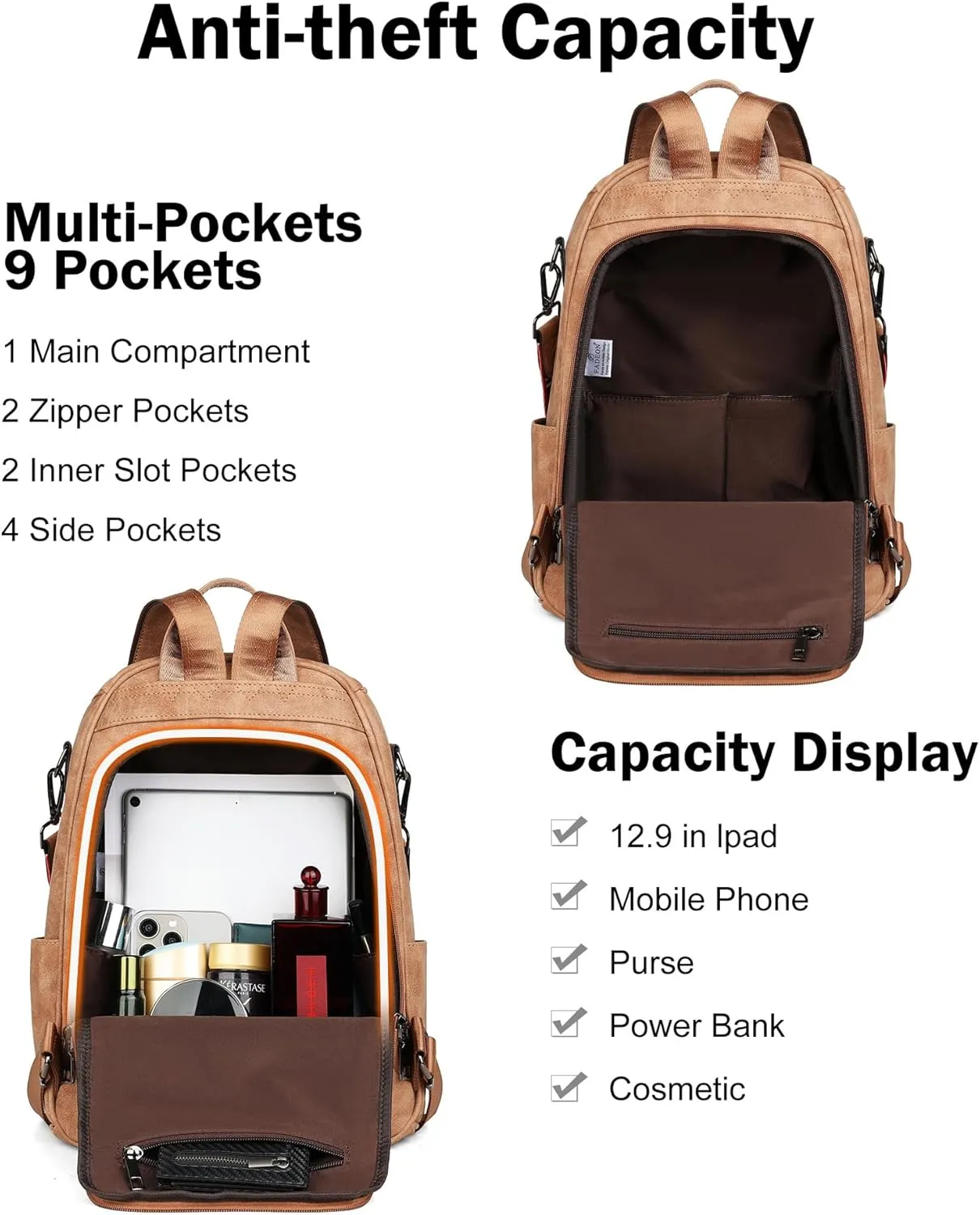 FADEON Anti Theft Backpack for Women Faux Leather Backpack Purse, Back Opening Small Backpack Fashion Work Bag Suede Brown