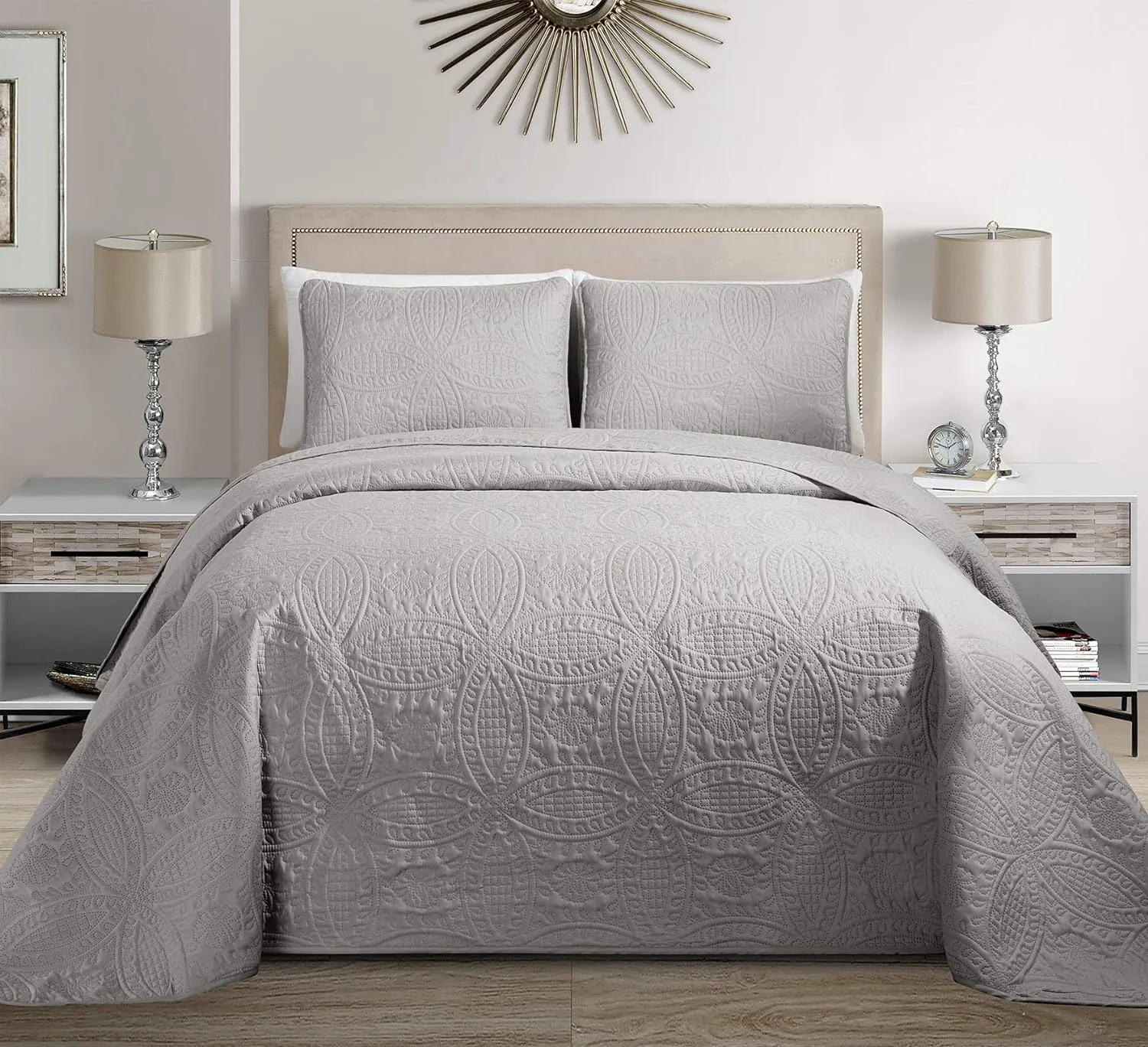 Fancy Collection Embossed Coverlet Bedspread Over Size Set Solid # Austin (Silver, King/California King)