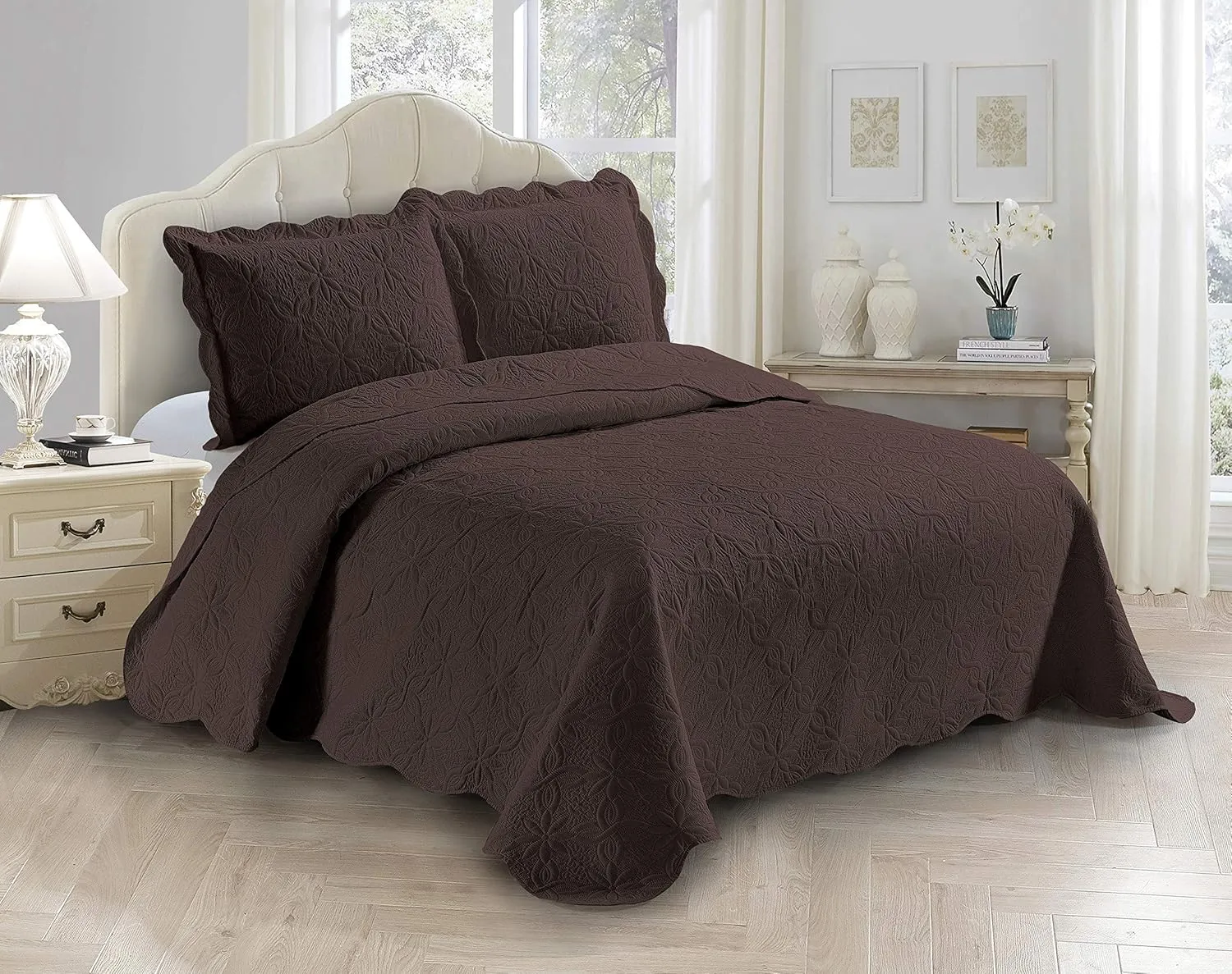 Fancy Linen 3pc Embossed Coverlet Bedspread Set Oversized Bed Cover Solid Floral Daisy Pattern New # Allis (King/California King, Coffee)