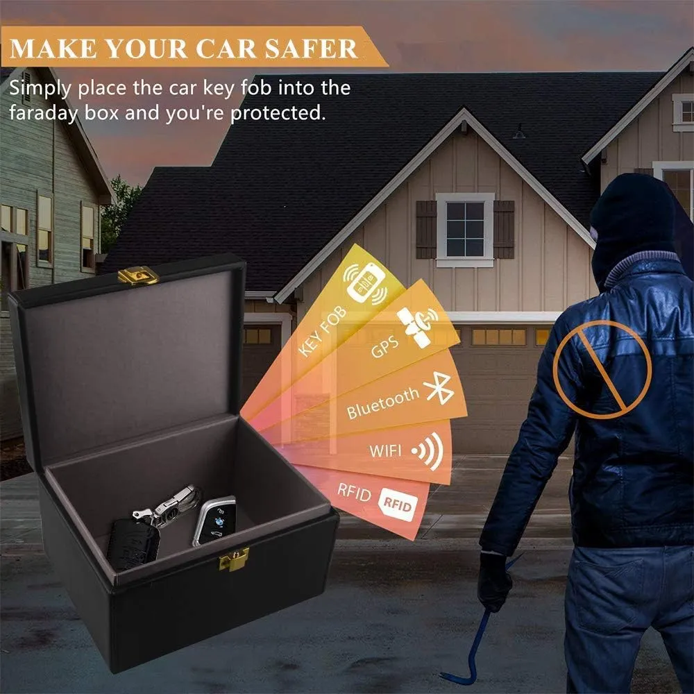 Faraday Box for Car Keys Key Fob Protector Box Leather Key Fob Signal Blocker RFID Box for Car Keys Single Lock Keyless Entry OBD Blocker Signal Blocking Box for Car Theft Prevention(16 * 12 * 9.8cm)
