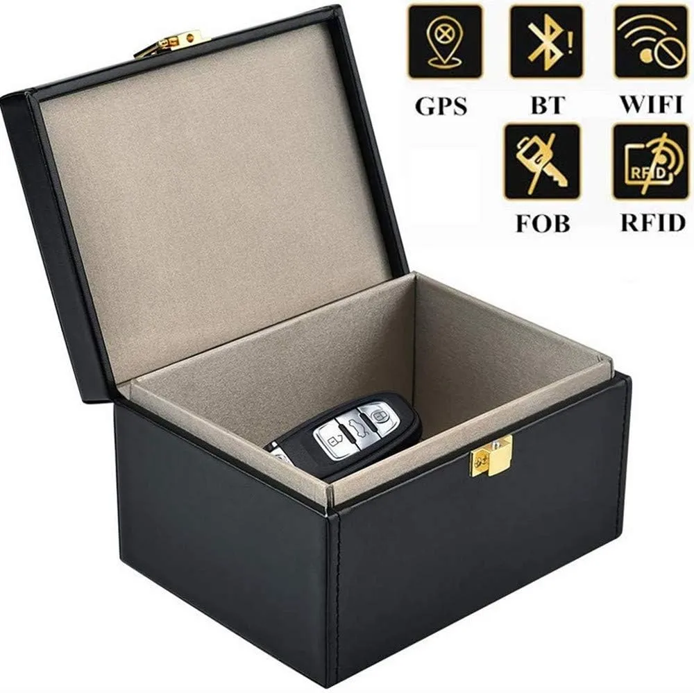 Faraday Box for Car Keys Key Fob Protector Box Leather Key Fob Signal Blocker RFID Box for Car Keys Single Lock Keyless Entry OBD Blocker Signal Blocking Box for Car Theft Prevention(16 * 12 * 9.8cm)