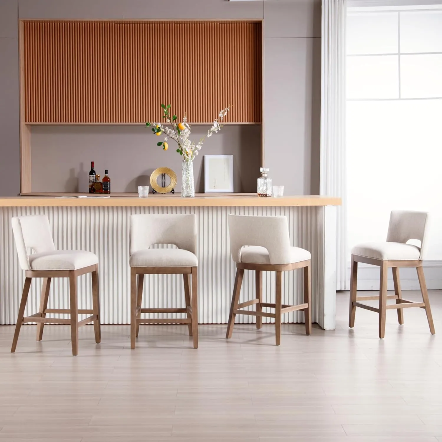 Farmhouse Bar Stools Set of 4, 26" Counter Height Barstools, Linen Upholstered Barstools with Open Back for Kitchen Island/Breakfast Bar/Home Pub, Beige