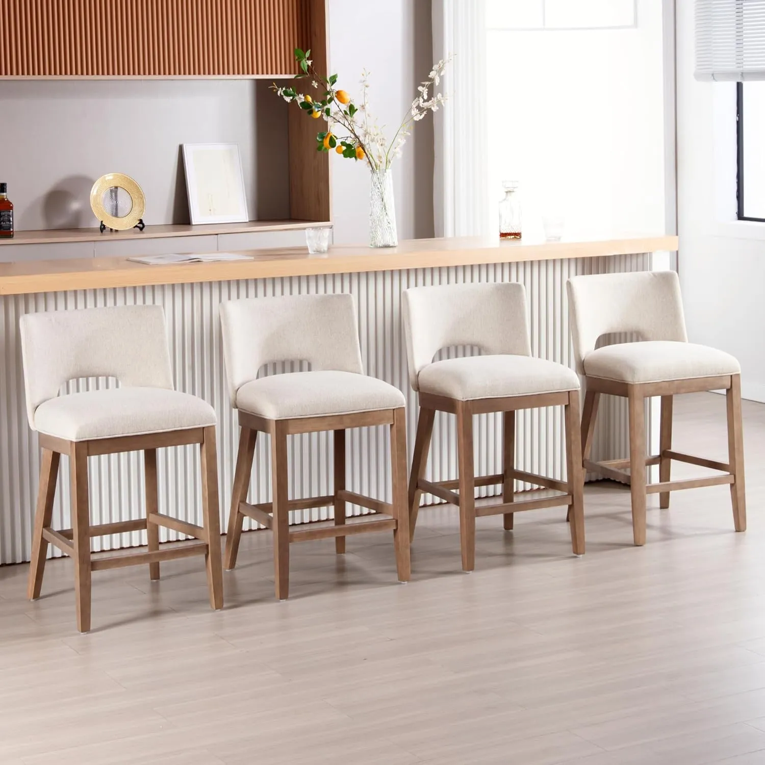 Farmhouse Bar Stools Set of 4, 26" Counter Height Barstools, Linen Upholstered Barstools with Open Back for Kitchen Island/Breakfast Bar/Home Pub, Beige