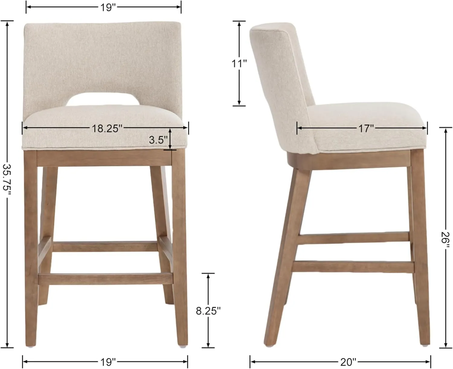 Farmhouse Bar Stools Set of 4, 26" Counter Height Barstools, Linen Upholstered Barstools with Open Back for Kitchen Island/Breakfast Bar/Home Pub, Beige