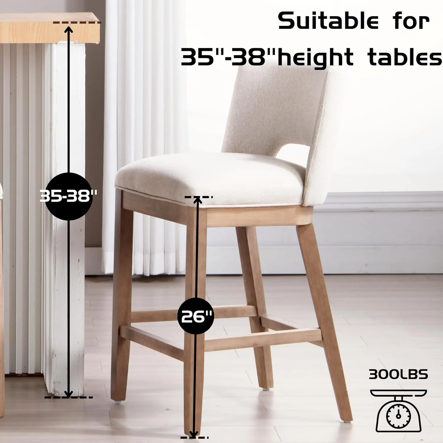 Farmhouse Bar Stools Set of 4, 26" Counter Height Barstools, Linen Upholstered Barstools with Open Back for Kitchen Island/Breakfast Bar/Home Pub, Beige