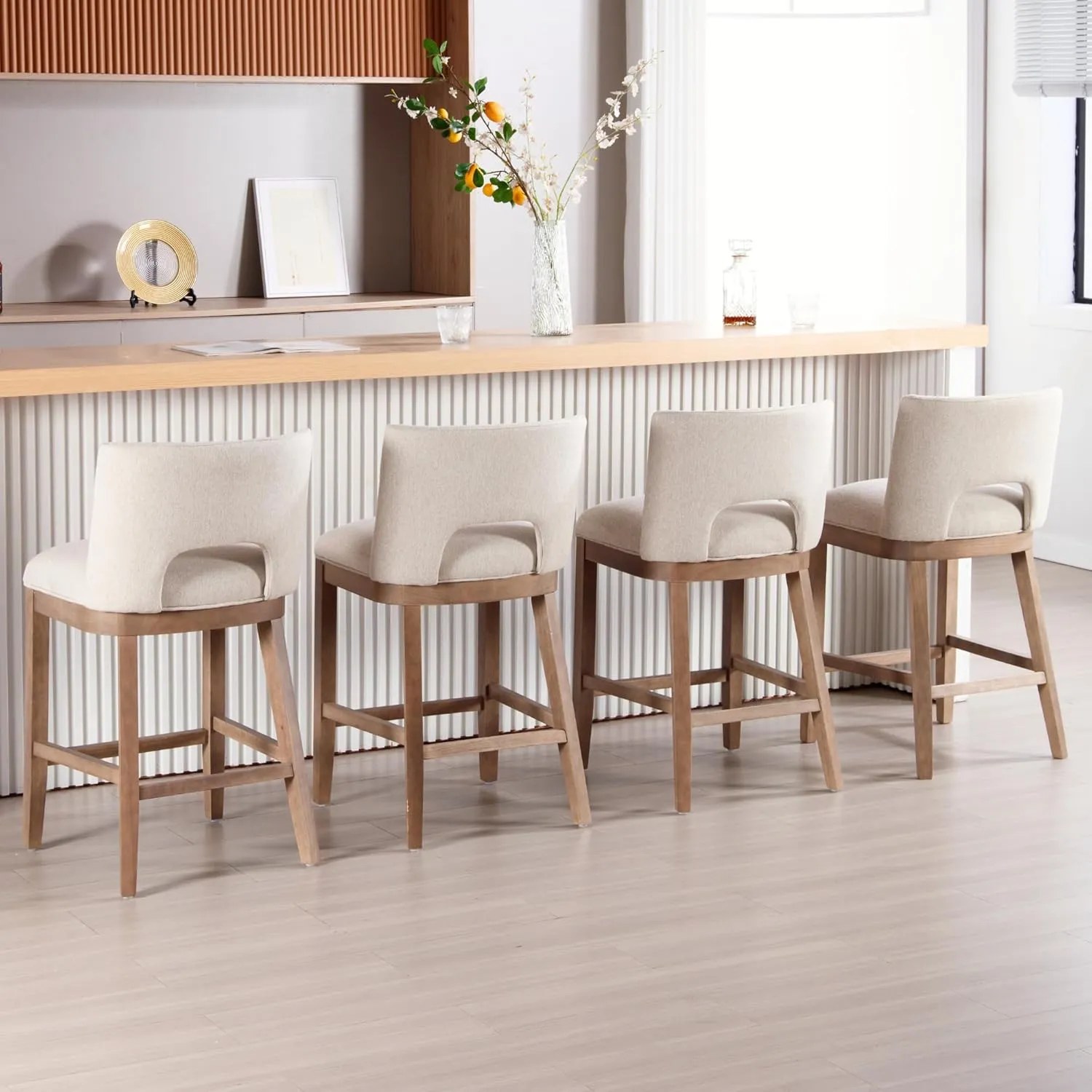 Farmhouse Bar Stools Set of 4, 26" Counter Height Barstools, Linen Upholstered Barstools with Open Back for Kitchen Island/Breakfast Bar/Home Pub, Beige